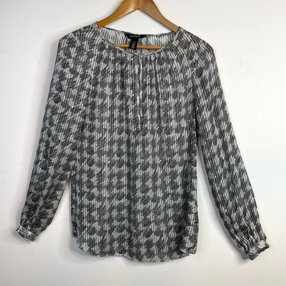 WHBM Lightweight Sheer Silk Houndstooth Metallic Blouse Top Black Gold Silver 6